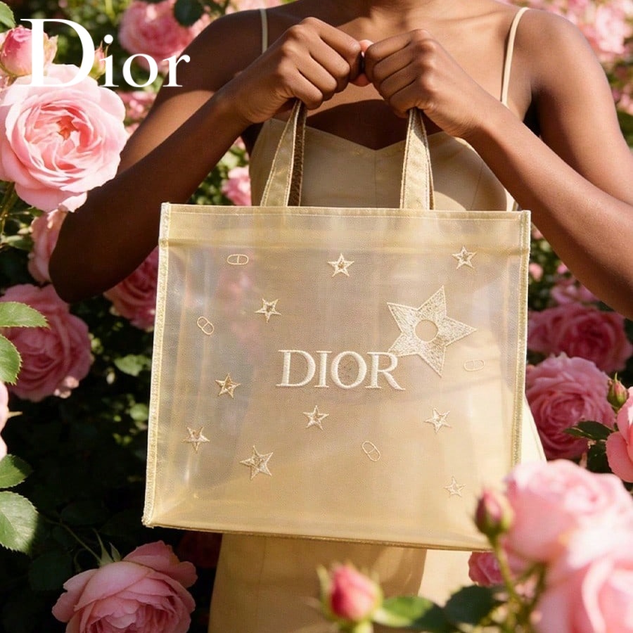 Luxury Bags Dior - กระเป๋าคริสเตียน ดิออร์ ดิออร์ กระเป๋าถืออเนกประสงค์ลายตาข่ายสีทองหรูหรา ปักลายดาวและโลโก้แบรนด์ กระเป๋าเครื่องสำอางระดับไฮเอนด์สุดหรู