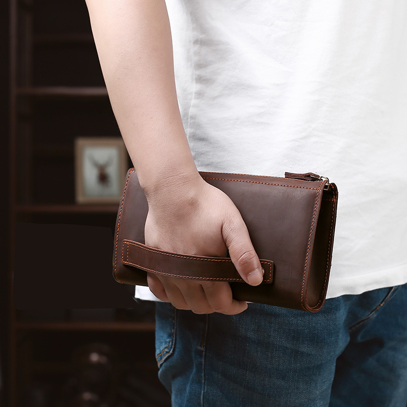 Wristlet Wallet Zipper - กระเป๋าคลัทช์ผู้ชายทรงยาว กระเป๋าถือธุรกิจสไตล์วินเทจ หนังวัวแท้ กระเป๋าสตางค์ยาวสำหรับผู้ชายและผู้หญิง กระเป๋าซิป