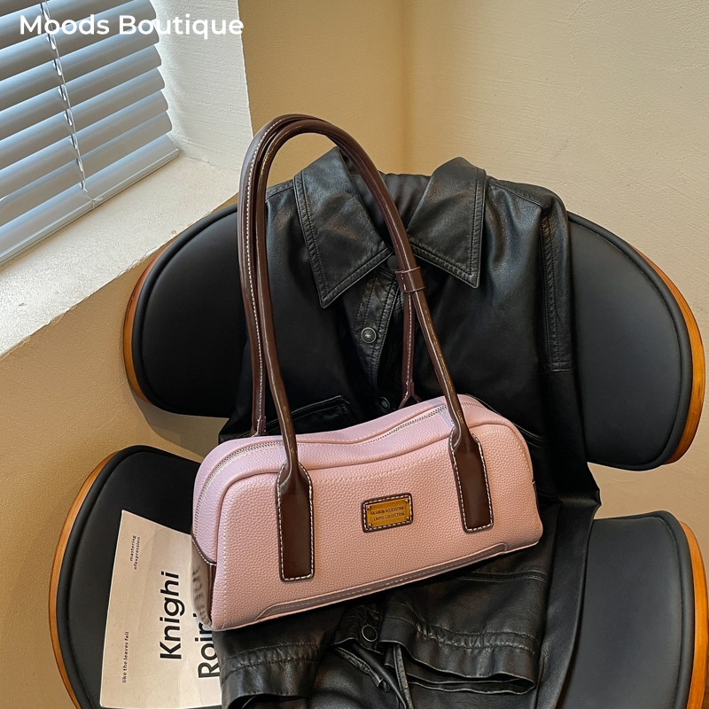 Luxury Bags Consignment - กระเป๋าสะพายไหล่เย็บตะเข็บตัดสีสำหรับผู้หญิง กระเป๋าถือลำลองสไตล์สตรีท วัสดุหนัง PU รุ่นใหม่ปี 2026