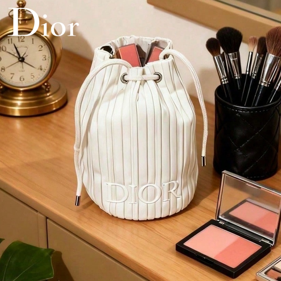 Luxury Bags Dior - กระเป๋าคริสเตียน ดิออร์ ดิออร์กระเป๋าใส่เครื่องสำอางแบบมีเชือกรูดลายทางสีขาวสไตล์มินิมอลสำหรับผู้หญิงพร้อมช่องเก็บของหลายช่องแบบพกพา Tr